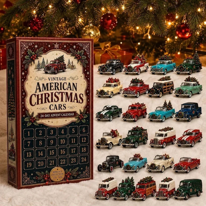 Calendrier de Noël vintage devant un sapin, avec voitures anciennes miniatures chargées de cadeaux et de petits sapins sur le 9