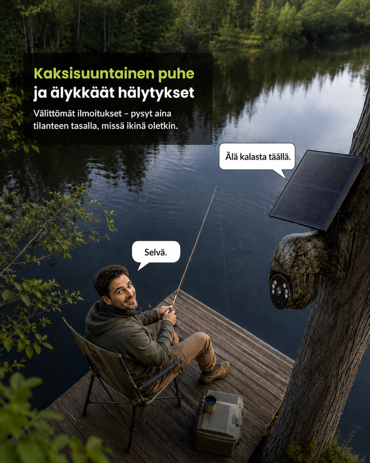 Pêcheur assis sur un ponton au bord d'un lac, caméra camouflage sur un arbre, bulles de dialogue illustrant la communication bidirectionnelle. 5
