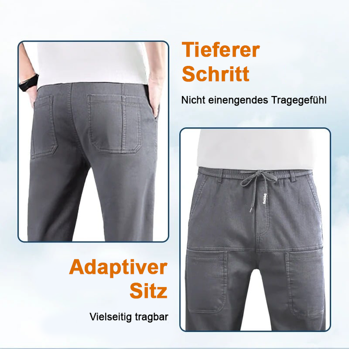 Deux gros plans d'un pantalon gris: poches arrière vues de dos et ceinture à cordon de face 16