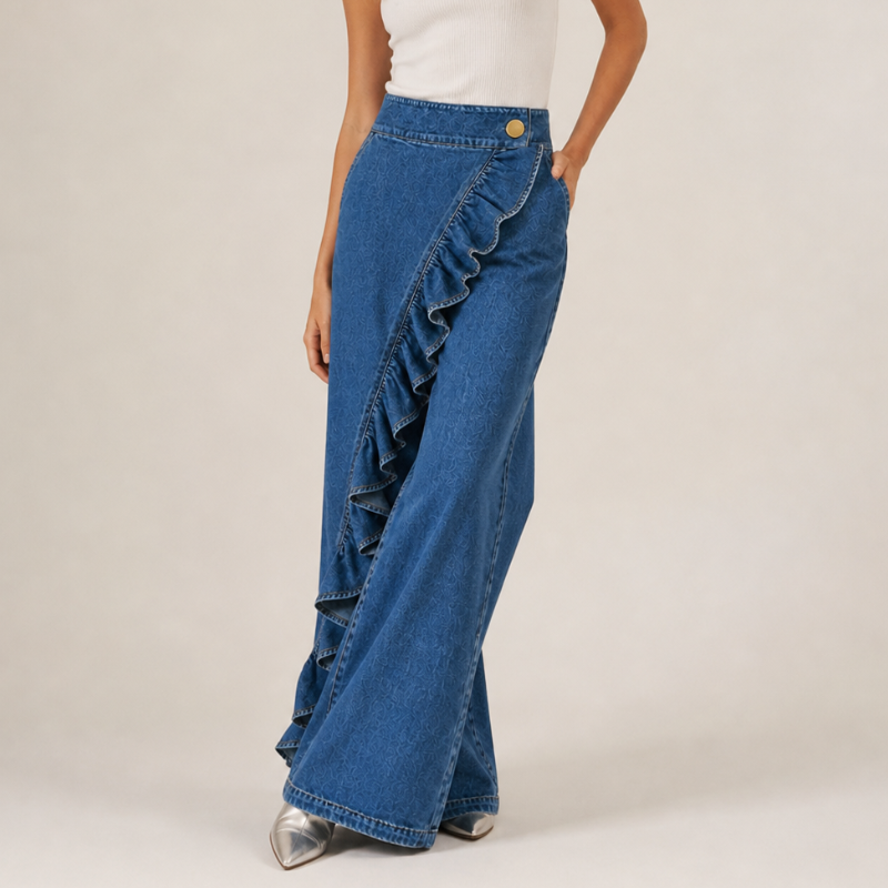 Denim bleu moyen porté avec un haut côtelé blanc, jambe large, bouton doré à la taille et volant asymétrique vu de côté. 5
