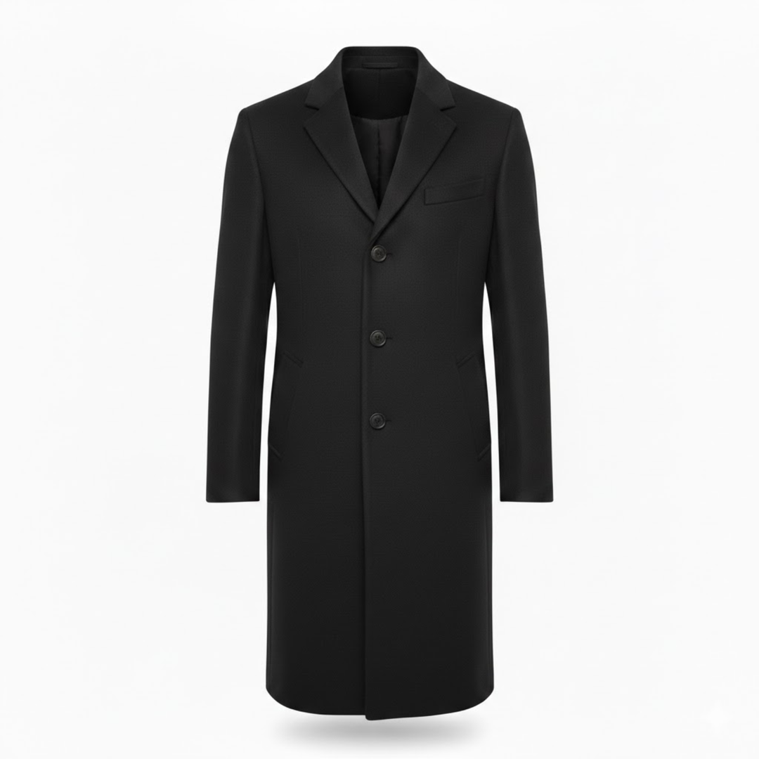 Manteau noir à revers à crans, vue de face à plat, trois boutons et poches 4