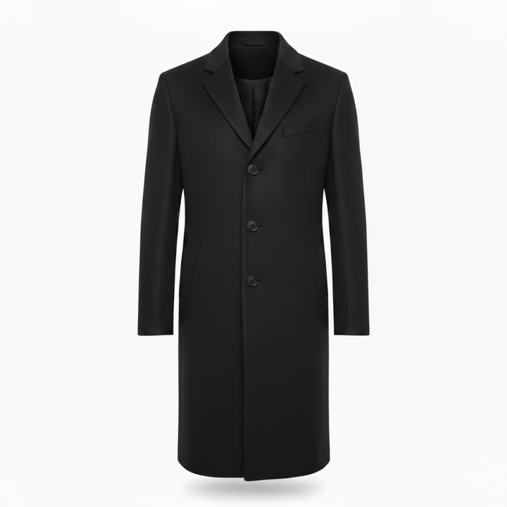 Manteau noir à revers à crans, vue de face à plat, trois boutons et poches 4