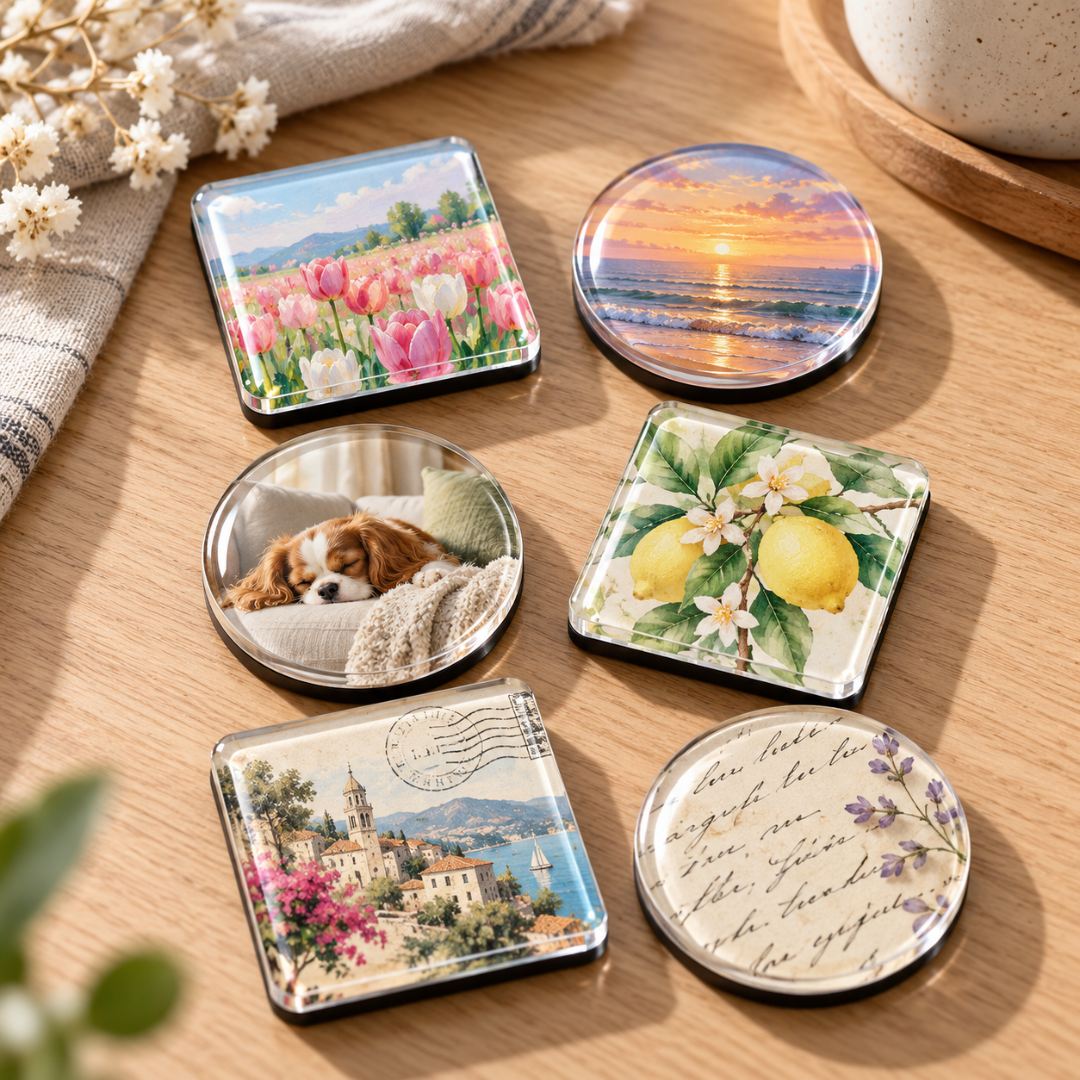 Six aimants carrés et ronds illustrés, posés sur une table en bois à côté de fleurs séchées 4