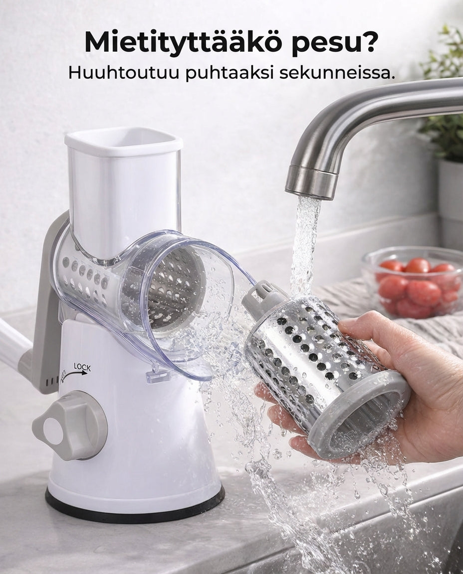 Un tambour en inox rincé sous le robinet à côté de l'appareil blanc et gris, avec des tomates dans un bol. 7