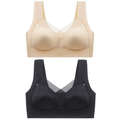 Deux soutiens-gorge posés à plat l'un au-dessus de l'autre, l'un beige et l'autre noir, décolleté en résille. 19