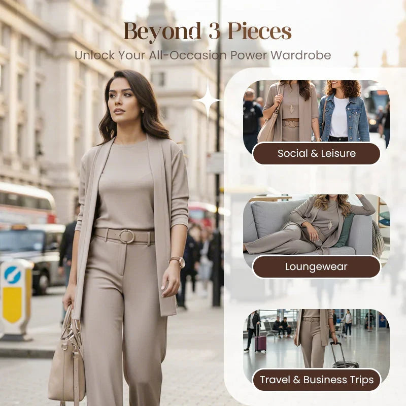 Femme en ensemble beige dans une rue, entourée de trois vignettes: sorties, détente à la maison et voyages. 2