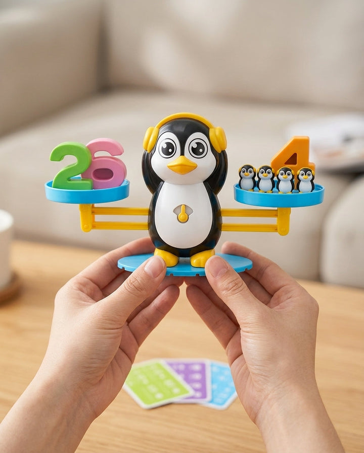 Mains tenant la balance pingouin à casque jaune, avec des chiffres sur un plateau et quatre figurines sur l'autre 7