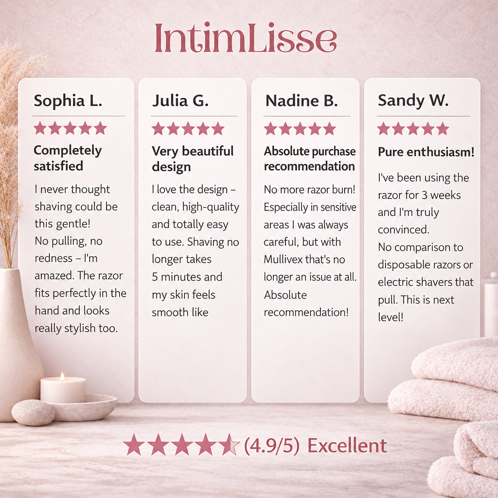 Quatre avis clients cinq étoiles sur fond rose, avec vase, bougie et serviettes, et une note globale de 4,9 sur 5. 4