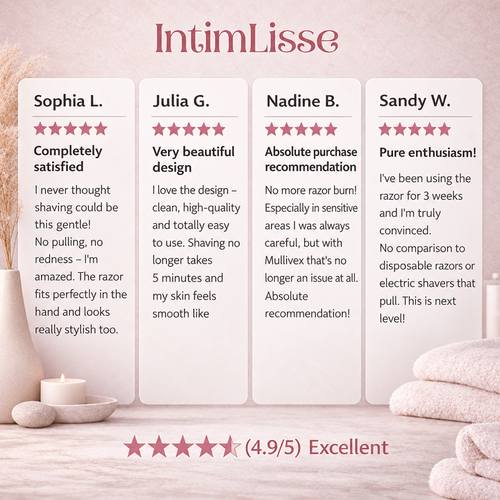 Quatre avis clients cinq étoiles sur fond rose, avec vase, bougie et serviettes, et une note globale de 4,9 sur 5. 4