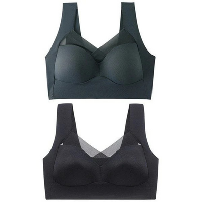 Deux soutiens-gorge présentés à plat, l'un vert foncé et l'autre noir, avec larges bretelles et résille au décolleté. 8