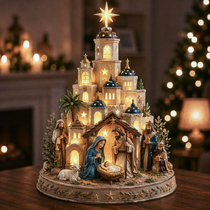 Crèche illuminée en tour étagée à dômes bleus étoilés, étoile lumineuse au sommet, posée sur une table devant un sapin et une cheminée. 1