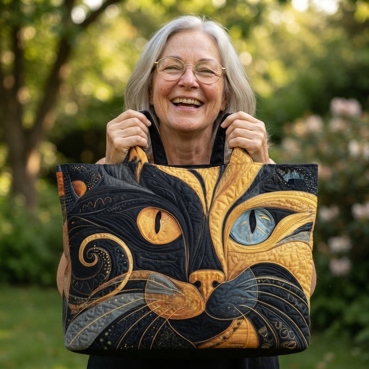 Femme souriante aux cheveux gris tenant le sac par ses anses dans un jardin 3