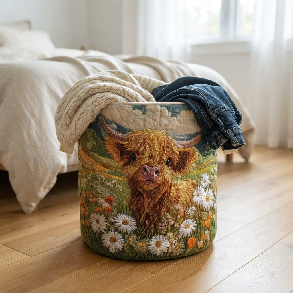 Panier posé sur un parquet au pied d'un lit, garni d'un plaid tricoté et d'un jean, avec le motif de veau visible. 5