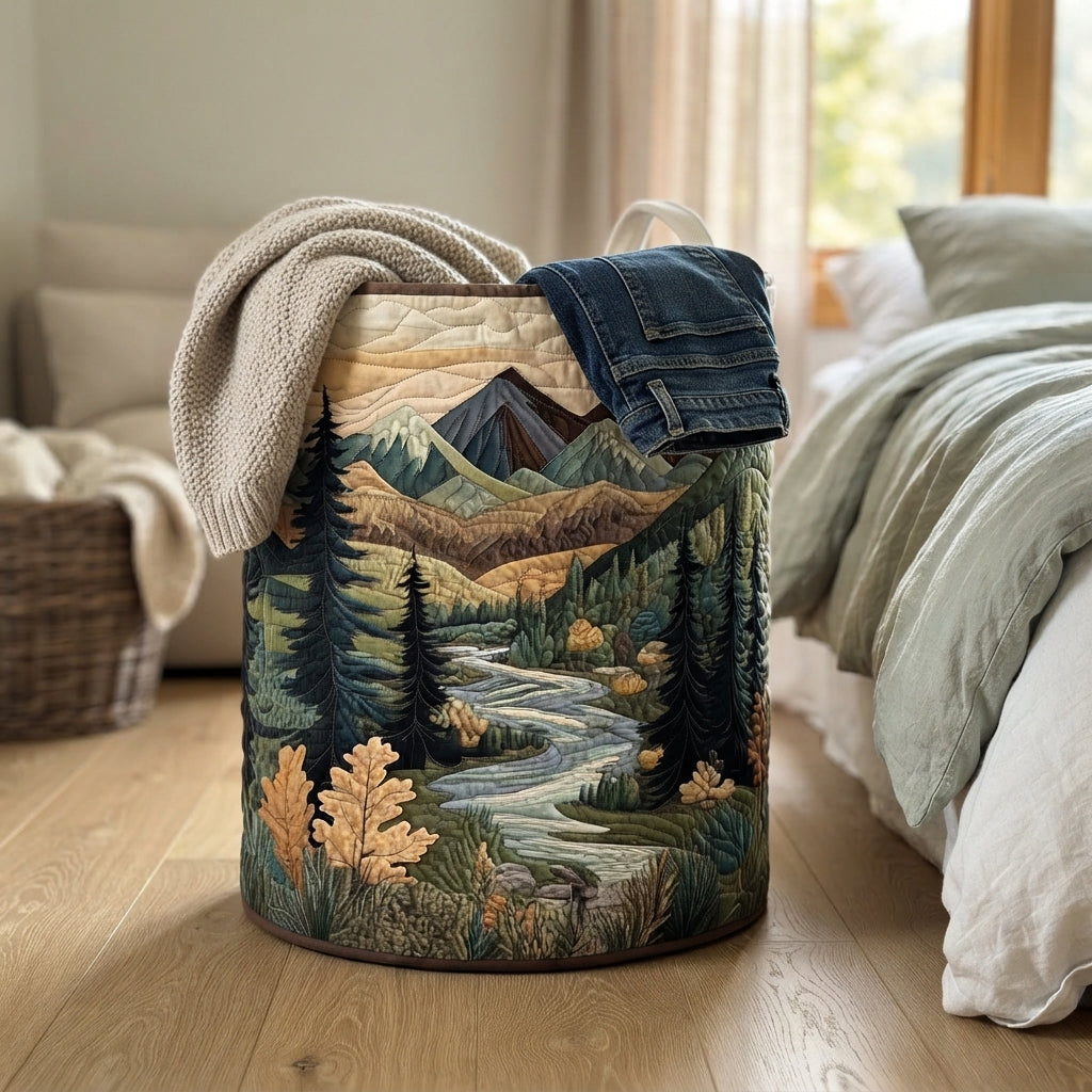 Panier posé sur un parquet au pied d'un lit, débordant d'un plaid beige et d'un jean plié. 4
