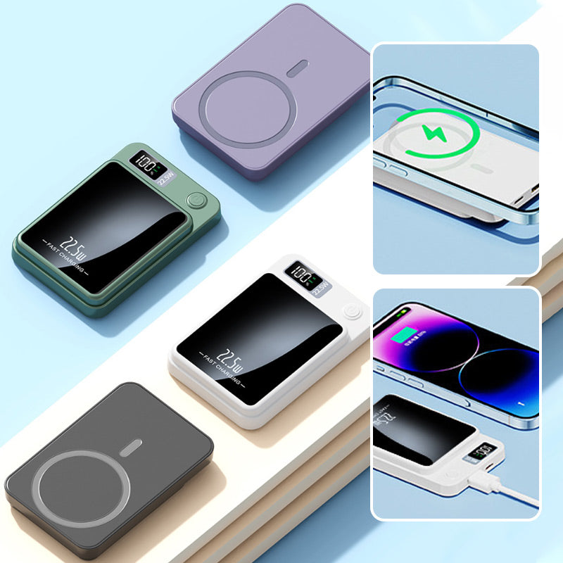 Quatre coloris du chargeur en vue d'ensemble, avec deux encarts: recharge sans fil sur un téléphone et recharge filaire par câble. 9