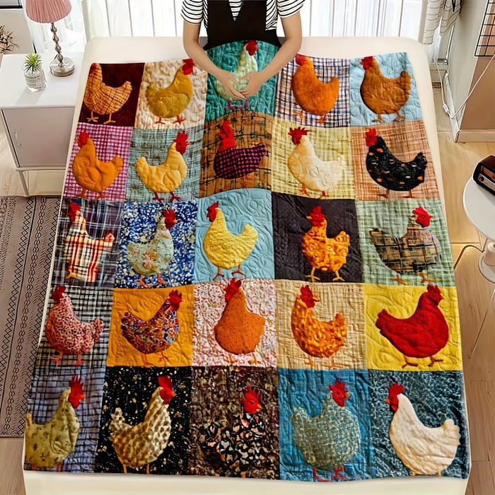 Couverture colorée à carreaux de poules, étendue sur un lit, avec une personne debout derrière 1