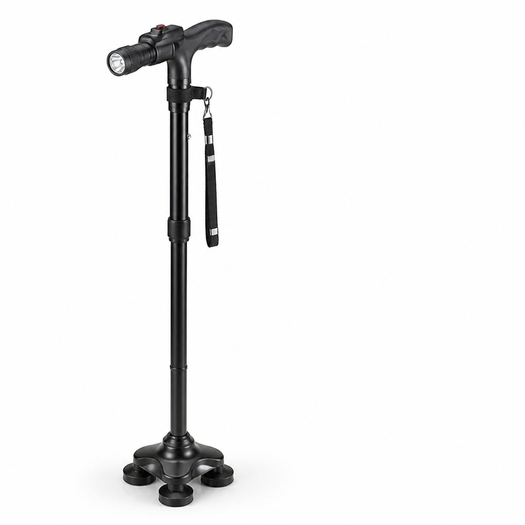 Gros plan de la canne noire sur fond blanc montrant le manche incurvé, la lampe et la large base 6