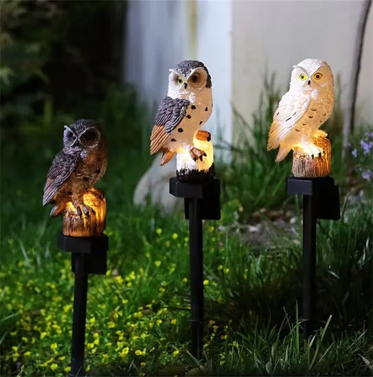 Trio de hiboux lumineux, brun, tacheté et blanc, alignés sur leurs piques dans l'herbe parsemée de petites fleurs jaunes. 8