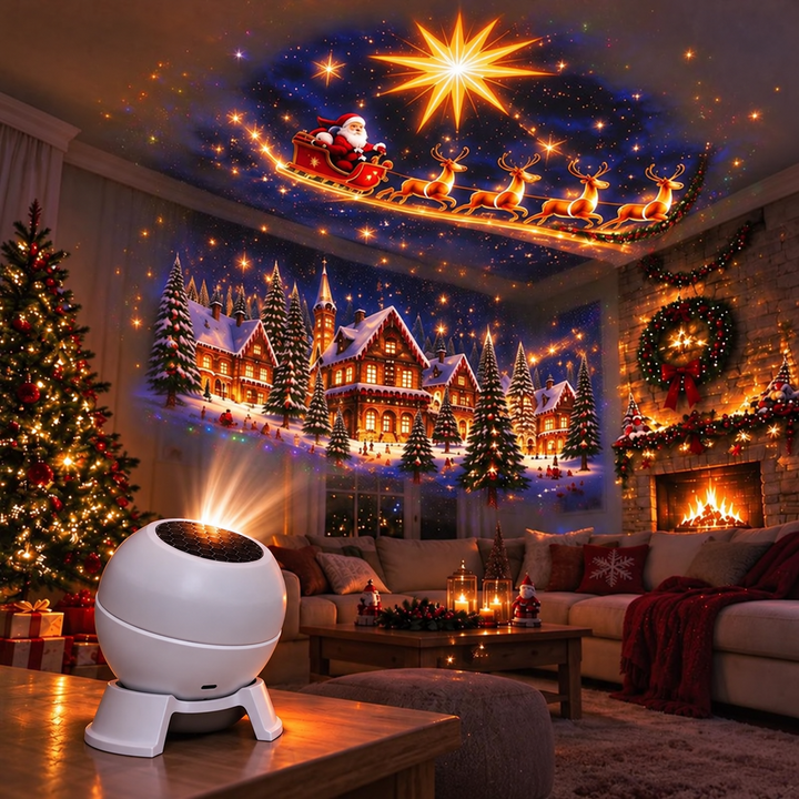Projecteur blanc allumé sur une table, couvrant plafond et murs du salon de scènes de Noël : Père Noël, étoile, chalets et sapins enneigés. 5