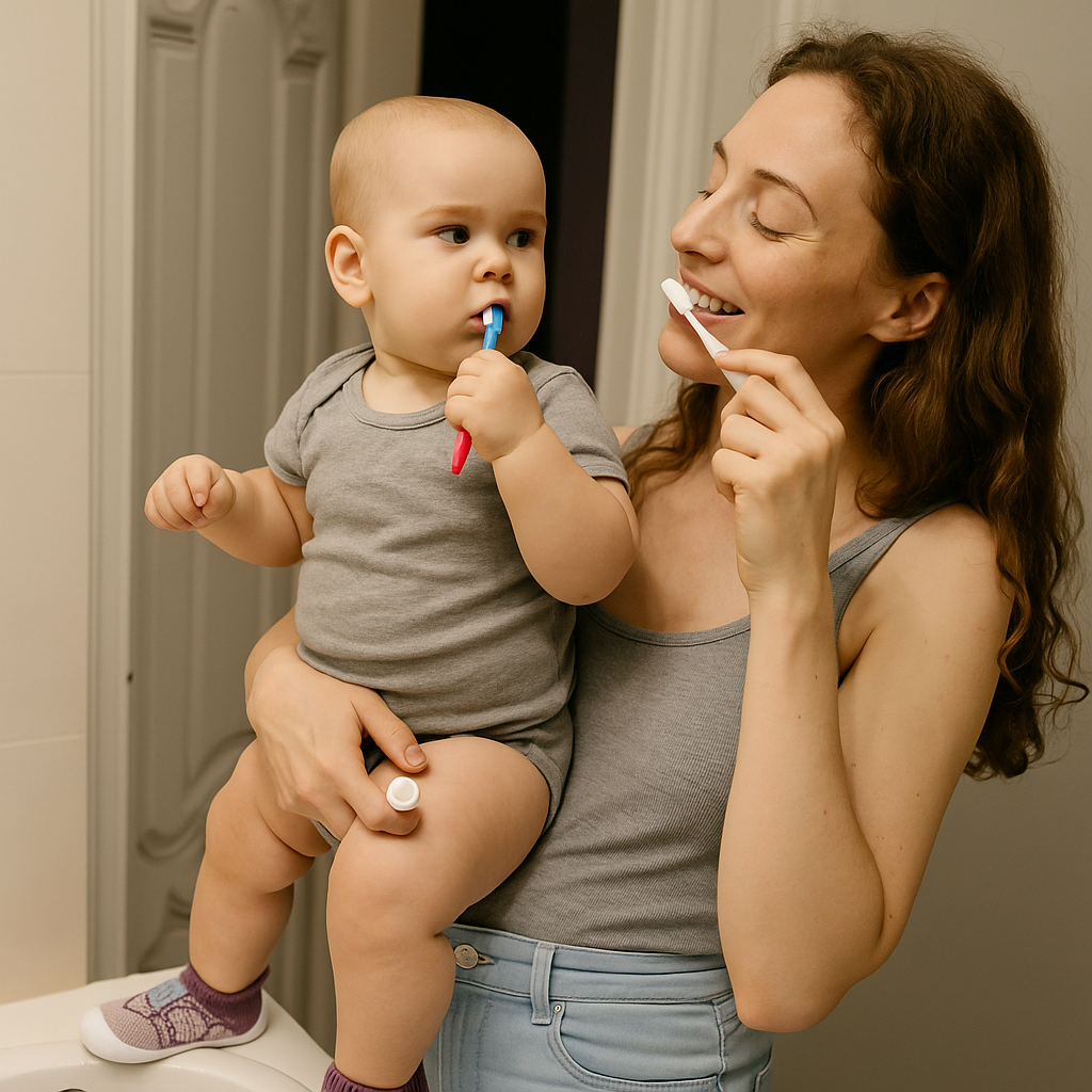 Bébé tenant une brosse à dents dans les bras de sa mère, chaussé de chaussures chaussettes en maille rose et violette. 4