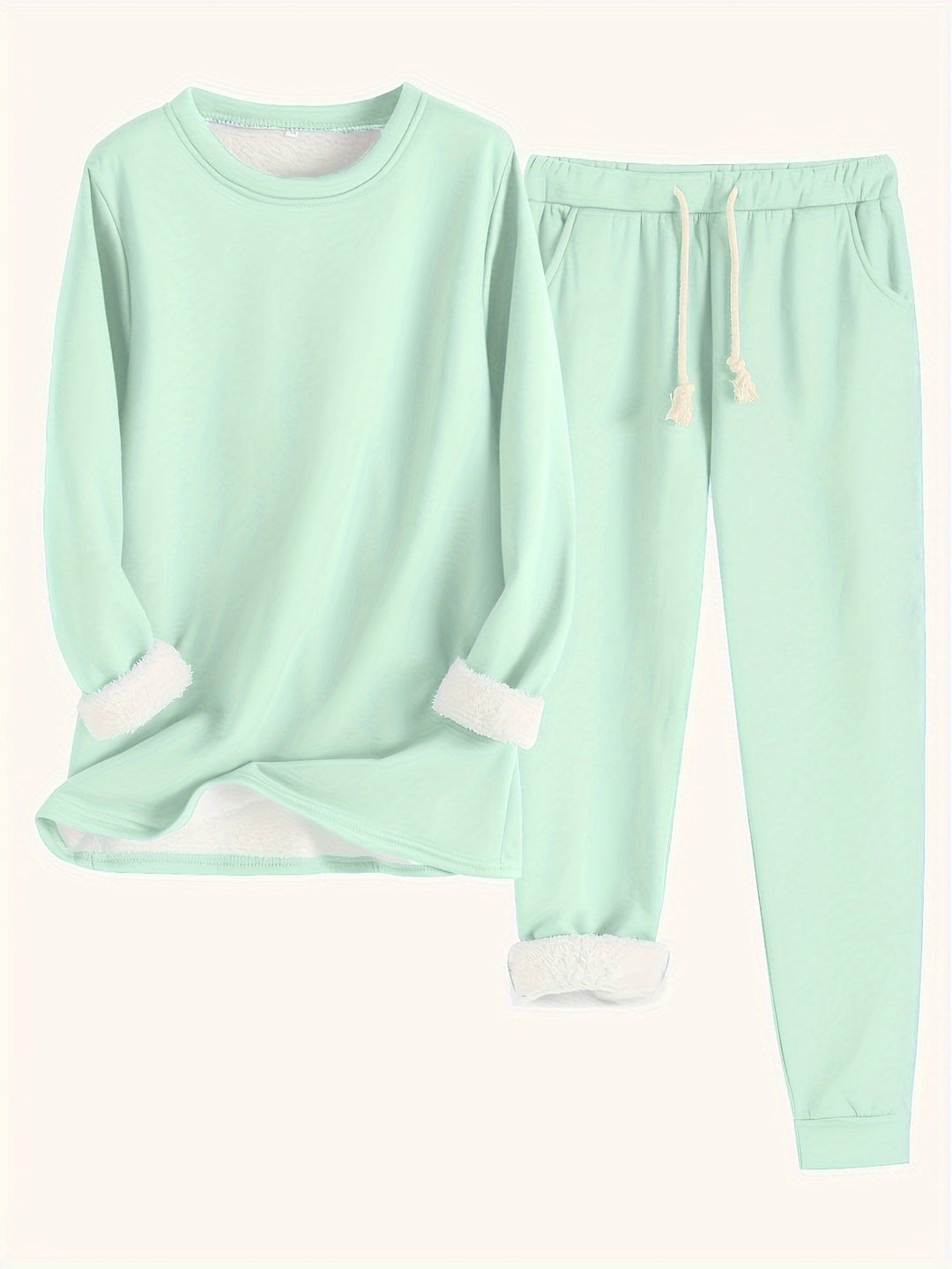 Ensemble vert menthe pâle avec pull et pantalon à cordon, doublure peluche blanche retournée 10