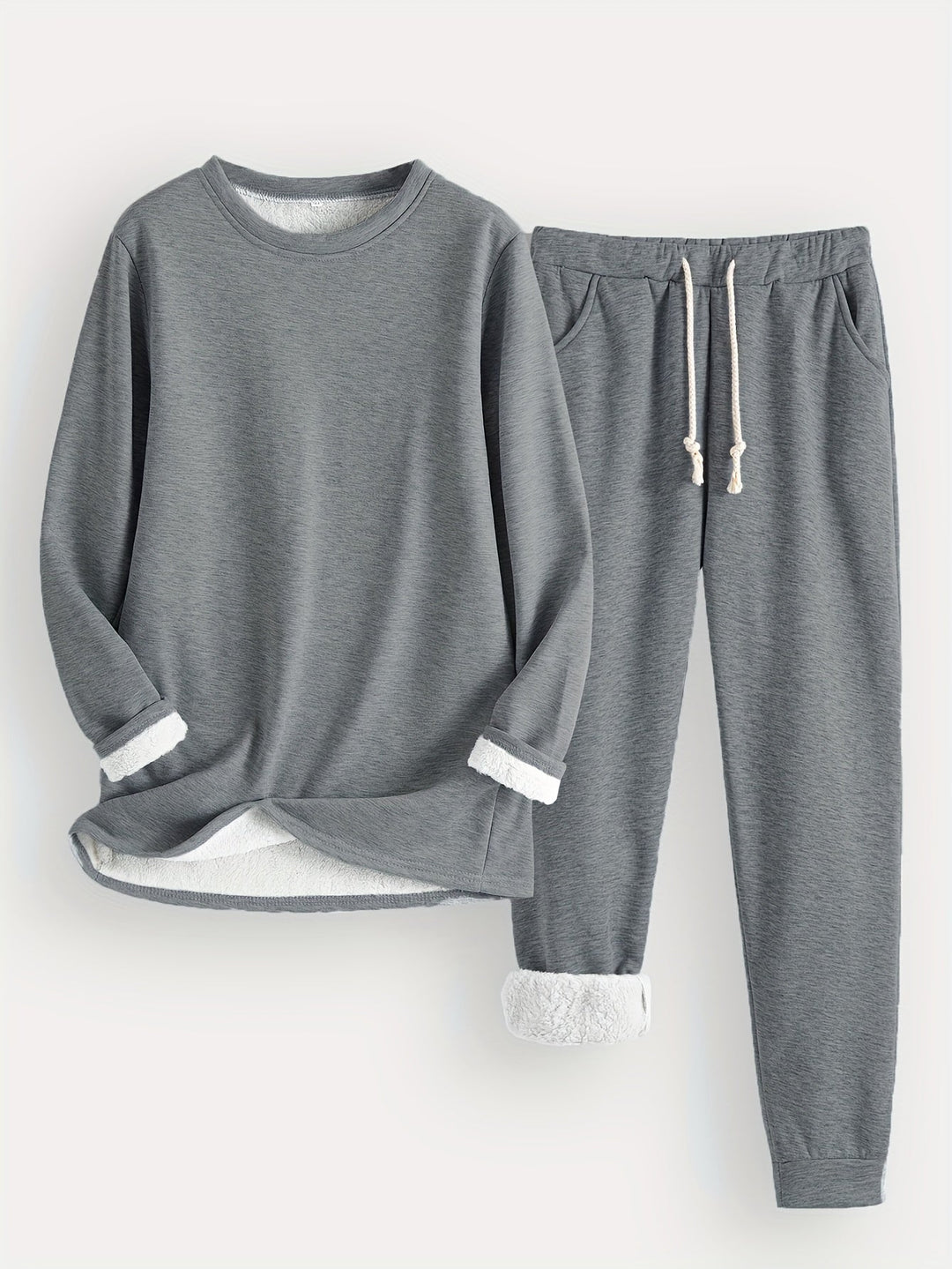 Ensemble gris chiné avec pull rond et jogging à cordon, doublure douce blanche retournée aux manches 3