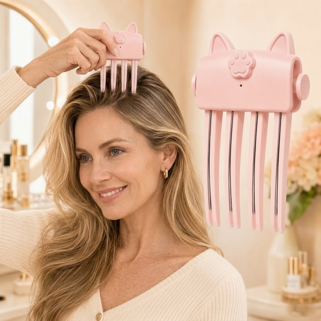 Femme blonde souriante soulevant ses racines avec le styler rose, produit agrandi à droite devant une coiffeuse 3