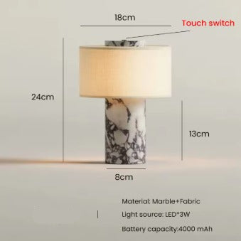 Schéma de la lampe en marbre et lin avec ses dimensions, l'interrupteur tactile en haut et les caractéristiques techniques indiquées. 13