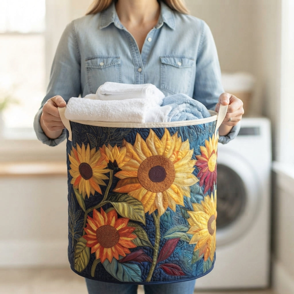 Femme en chemise en jean tenant par ses deux anses le panier à tournesols rempli de serviettes, devant une machine à laver. 3