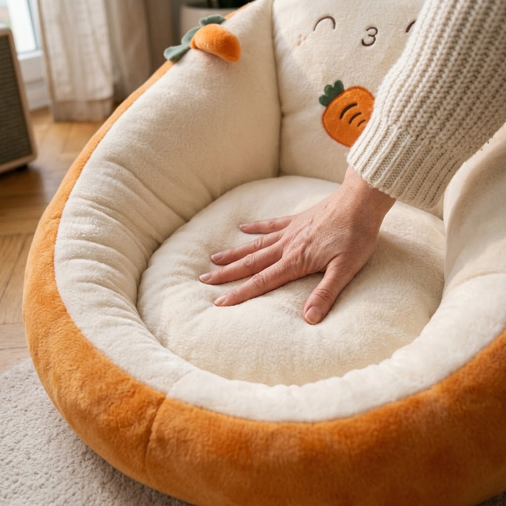 Une main appuie sur l'assise moelleuse du fauteuil carotte pour montrer son rembourrage confortable 3