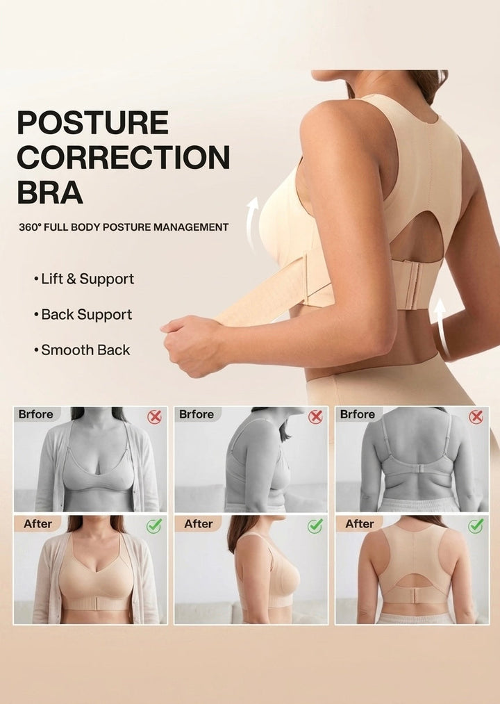 Visuel avant-après sur la correction de la posture, montrant le dos du soutien-gorge beige et trois comparaisons de face, de profil et de dos. 12