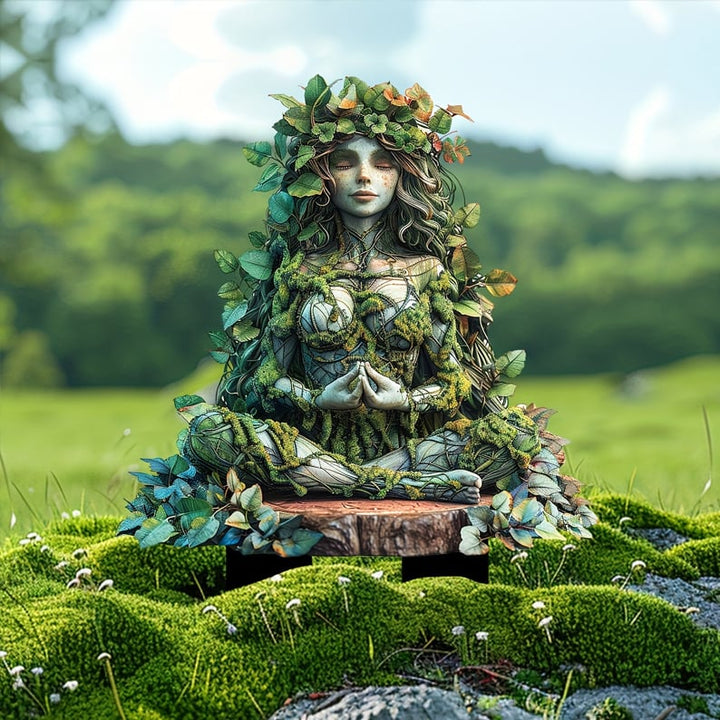 Tuteur d'une déesse de la nature en méditation, assise en tailleur, couronnée de feuilles, posée sur de la mousse devant une prairie. 5