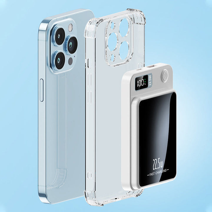 Vue éclatée d'un smartphone, de sa coque transparente et du chargeur blanc qui se fixe magnétiquement au dos. 7