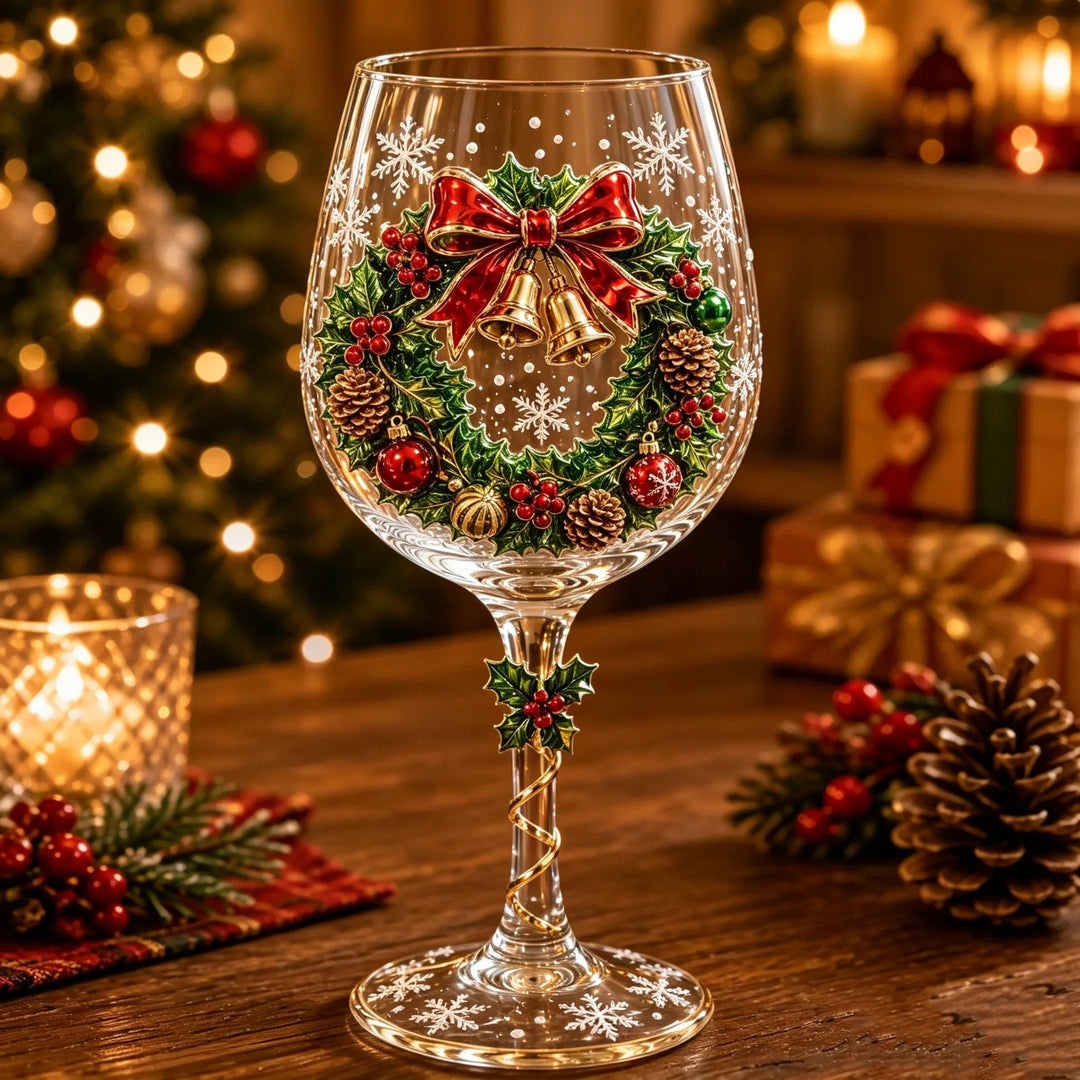 Verre à pied décoré d'une couronne de Noël en relief avec nœud rouge et clochettes dorées 5