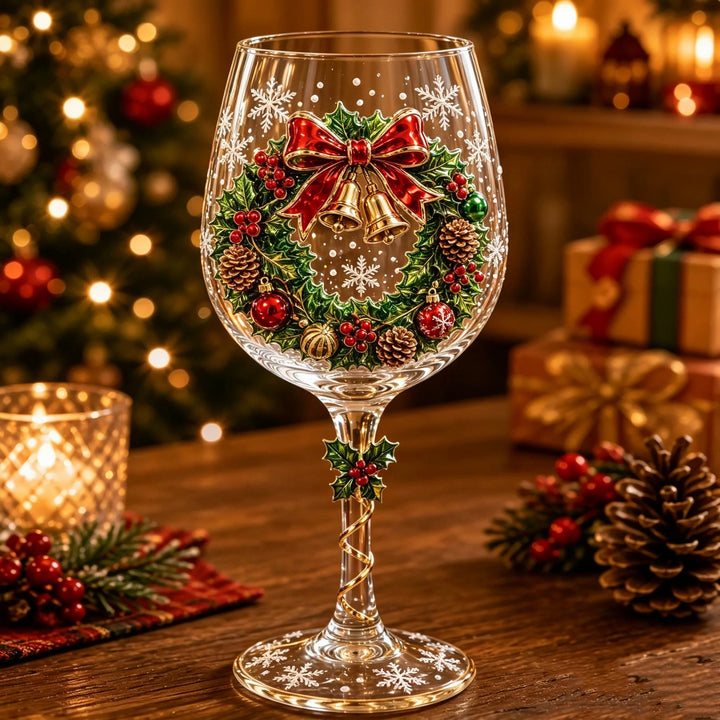 Verre à pied décoré d'une couronne de Noël en relief avec nœud rouge et clochettes dorées 5