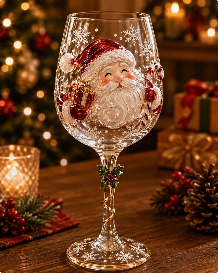Verre à pied orné d'un Père Noël en relief, houx doré sur la tige, décor festif 1