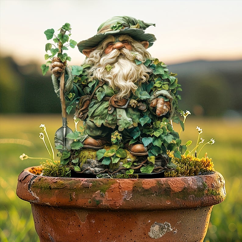 Tuteur du gnome vêtu de lierre et tenant une pelle, planté dans un pot en terre cuite devant un champ. 14