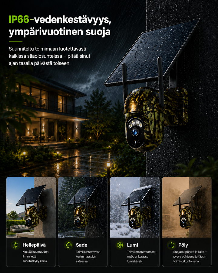 Caméra camouflage sous la pluie la nuit devant une maison, avec quatre vignettes soleil, pluie, neige et poussière illustrant la résistance. 7