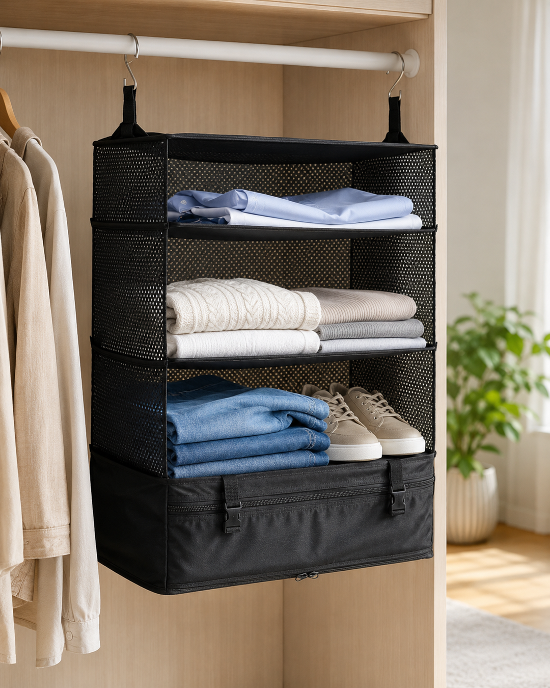 Organisateur noir suspendu à une tringle blanche, avec chemises, pulls, jeans et baskets sur ses étagères 12