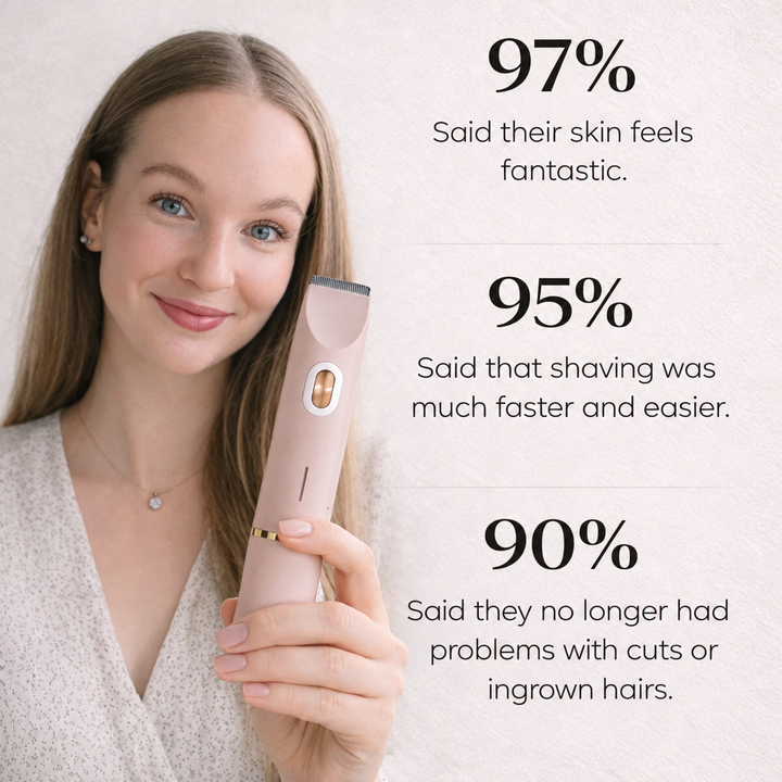 Jeune femme aux longs cheveux châtains tenant la tondeuse rose, avec trois statistiques de satisfaction affichées à droite. 10
