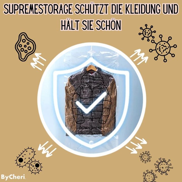 Housse transparente contenant une doudoune marron, entourée de microbes et bactéries stylisés repoussés par un bouclier bleu avec une coche. 7