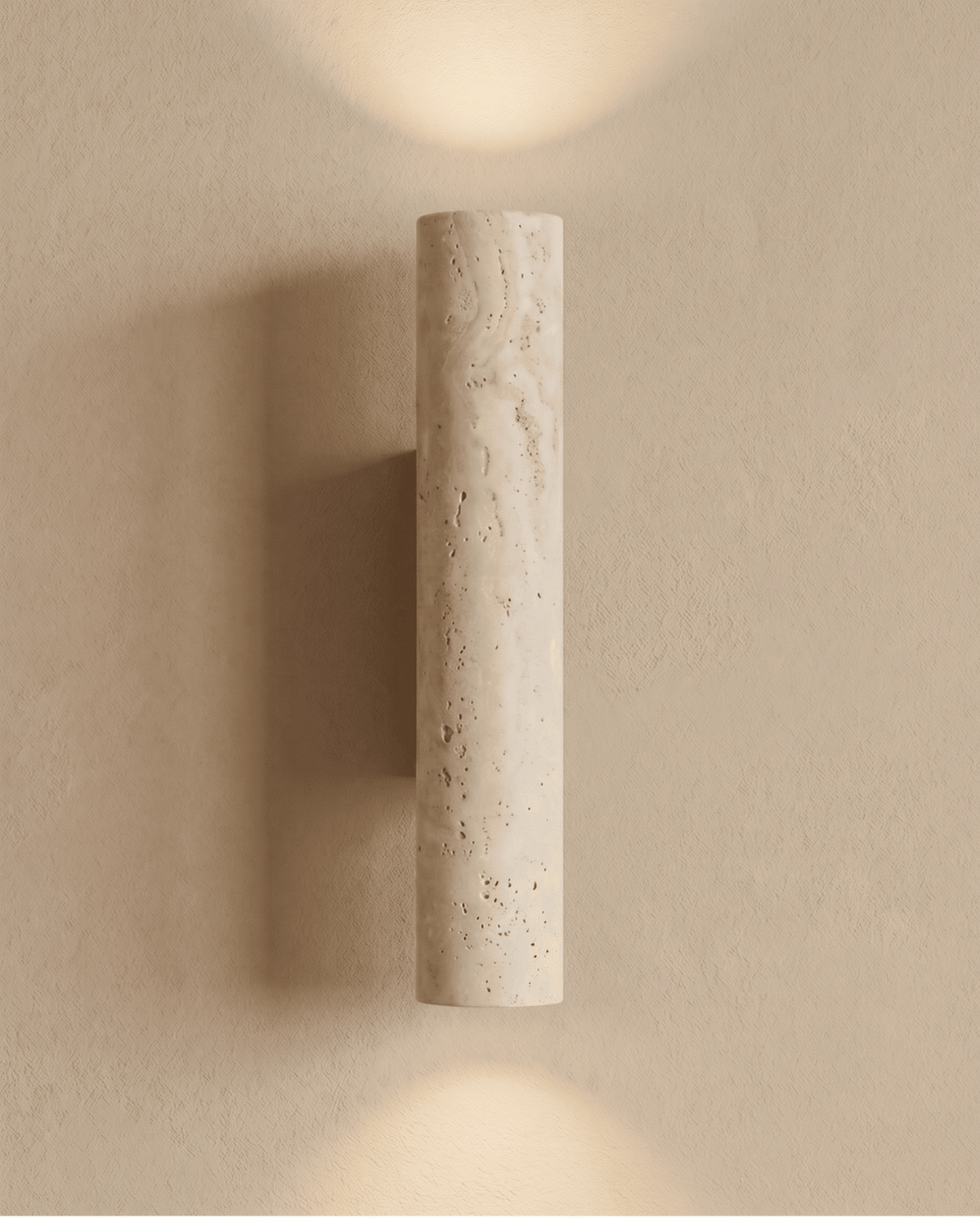 Face avant du cylindre en travertin allumé, avec deux halos de lumière en haut et en bas 7