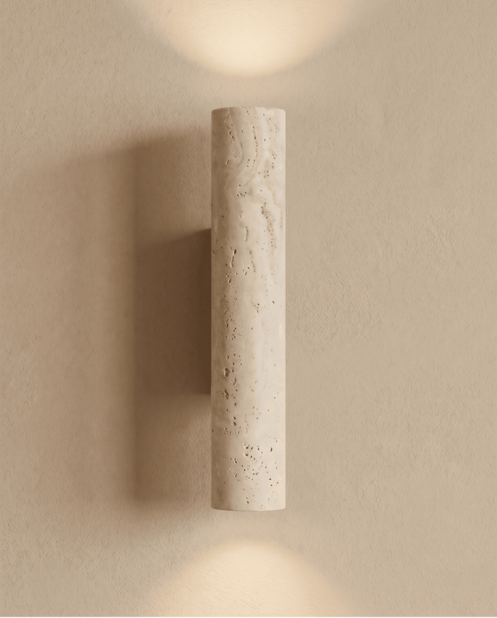Face avant du cylindre en travertin allumé, avec deux halos de lumière en haut et en bas 7