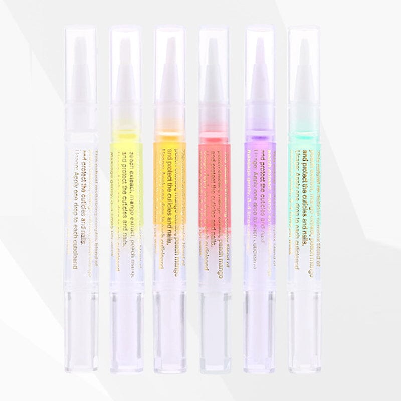 Six stylos transparents alignés, contenant des huiles jaune, orange, rouge, violette et verte 12