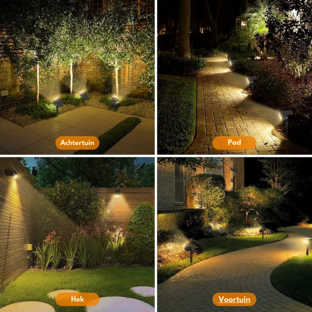 Quatre exemples d'utilisation de nuit en lumière chaude : arrière-jardin, allée, clôture avec fixation murale et jardin de devant. 8