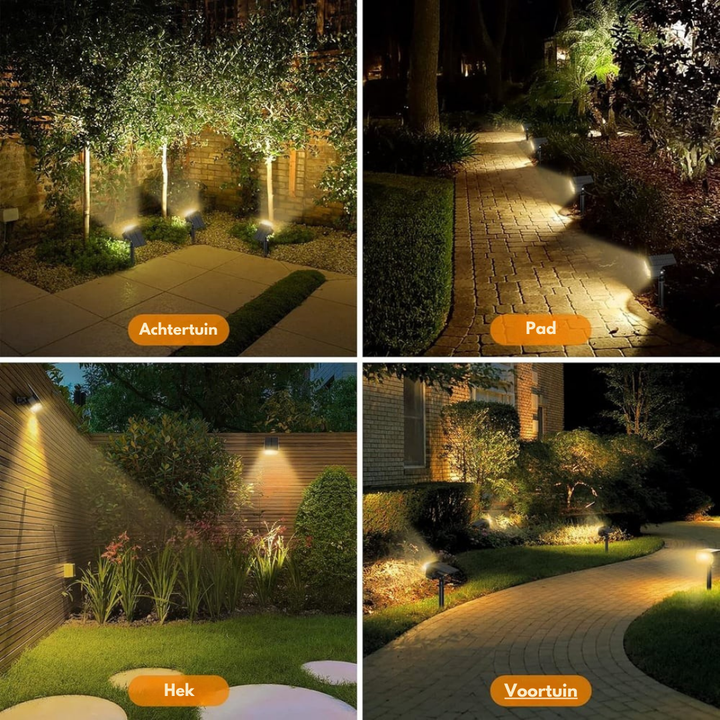 Quatre exemples d'utilisation de nuit en lumière chaude : arrière-jardin, allée, clôture avec fixation murale et jardin de devant. 8