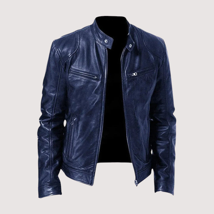 Veste bleu marine vue de face, ouverte, avec col montant et poches zippées 4