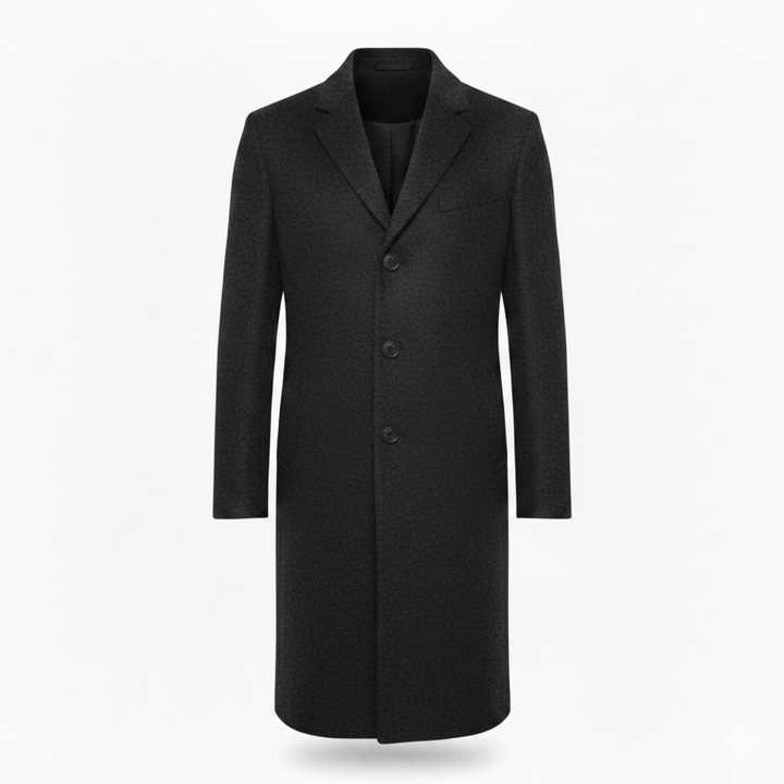 Manteau gris anthracite chiné présenté à plat sur fond blanc, vue de face, trois boutons 1