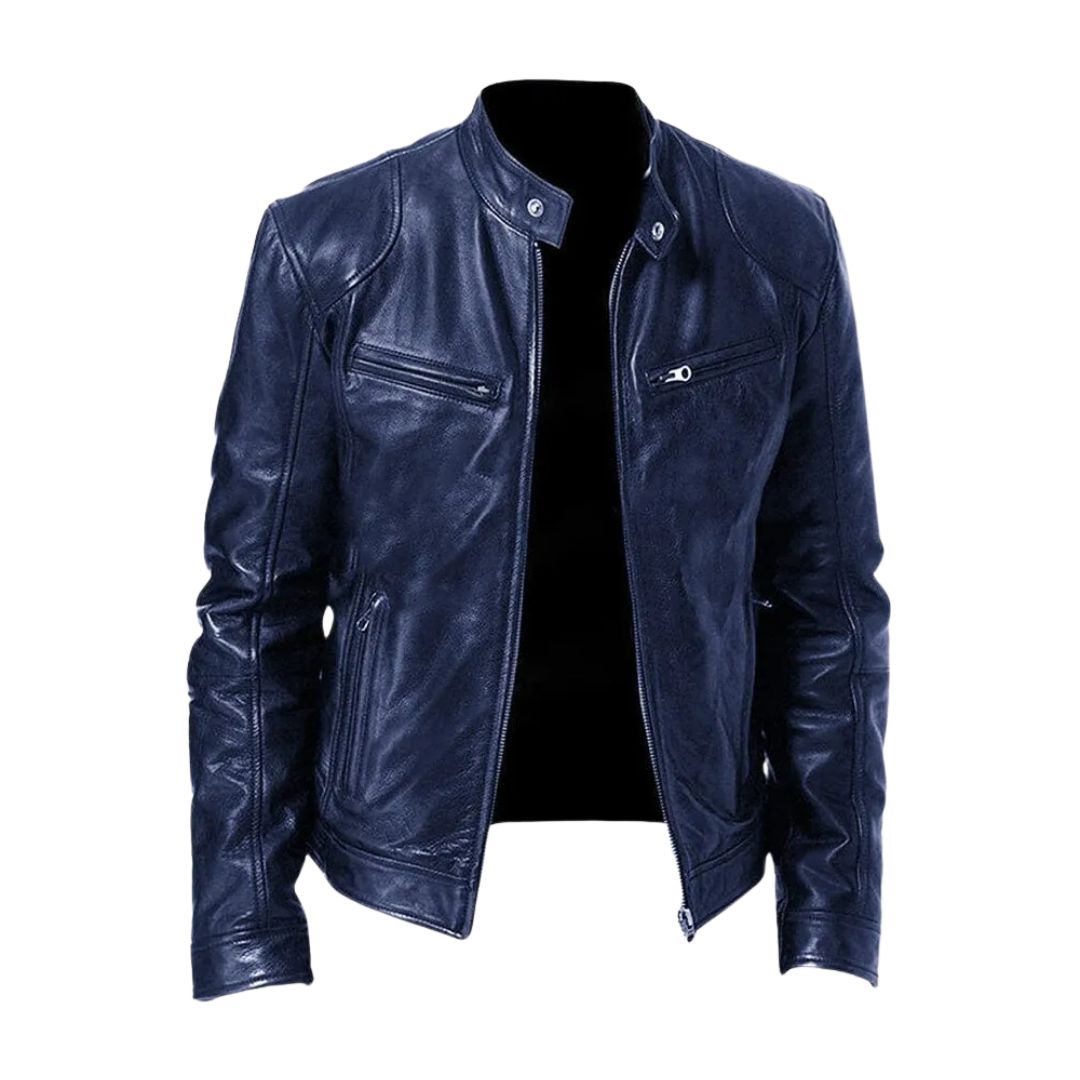 Même veste en cuir coloris bleu marine, présentée ouverte avec son col montant à pression et ses poches zippées. 5