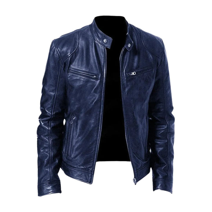 Même veste en cuir coloris bleu marine, présentée ouverte avec son col montant à pression et ses poches zippées. 5